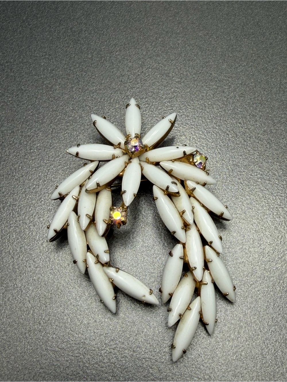 Vintage Milk Glass Spray Marquise Statement Brooch